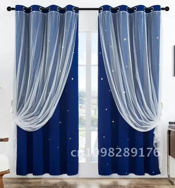 Nutshell Double Layer Sheer Star Curtains navy blue blackout panels with white sheer overlay and star accents