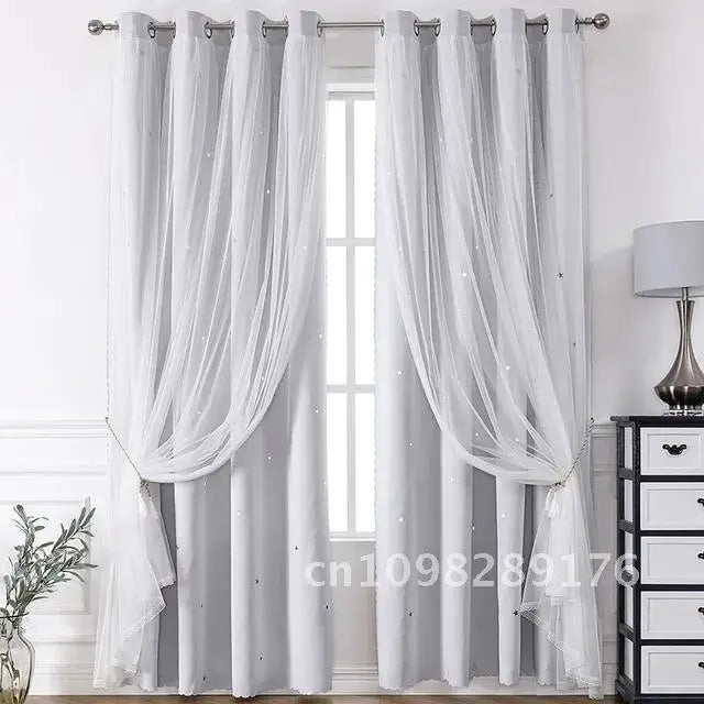 Nutshell Double Layer Sheer Star Curtains white sheer with tiny stars over gray blackout panels with grommet top