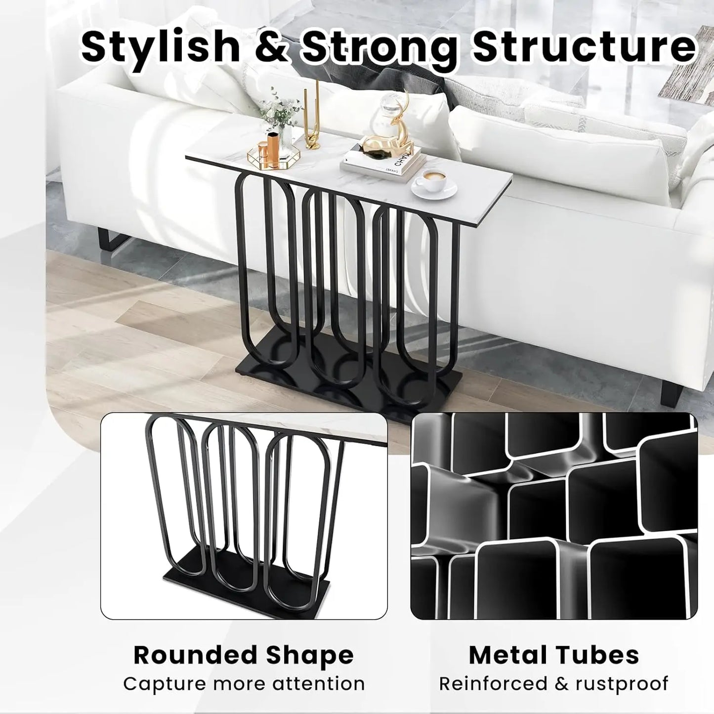 Nutshell faux marble console table with white top and black rounded metal tube base behind sofa
