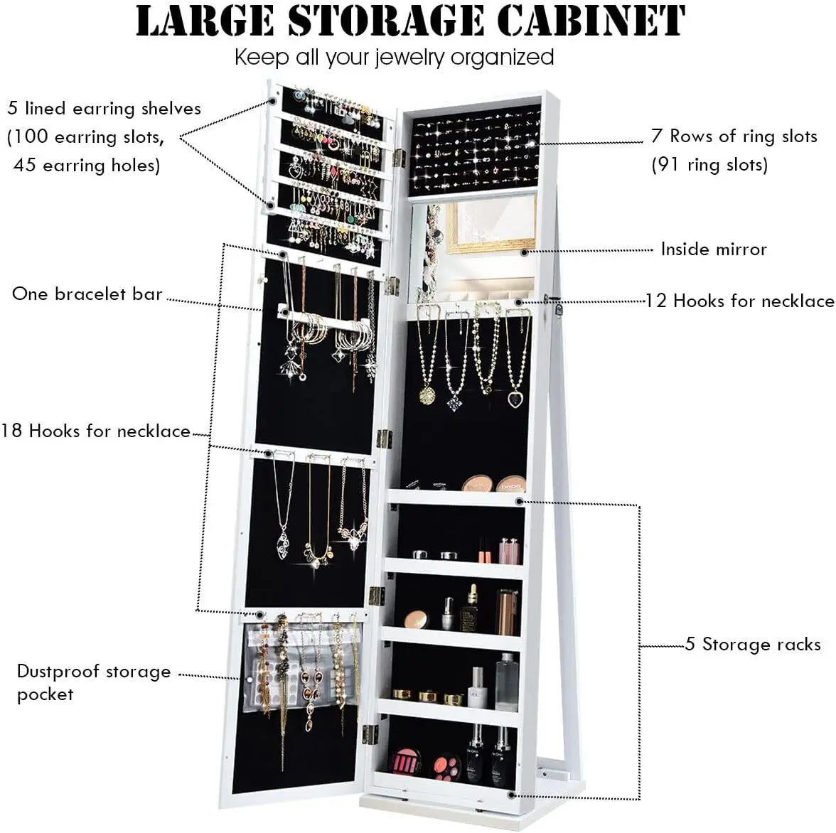 Nutshell white full length mirror jewelry cabinet with interior hooks shelves ring slots and dustproof pocket