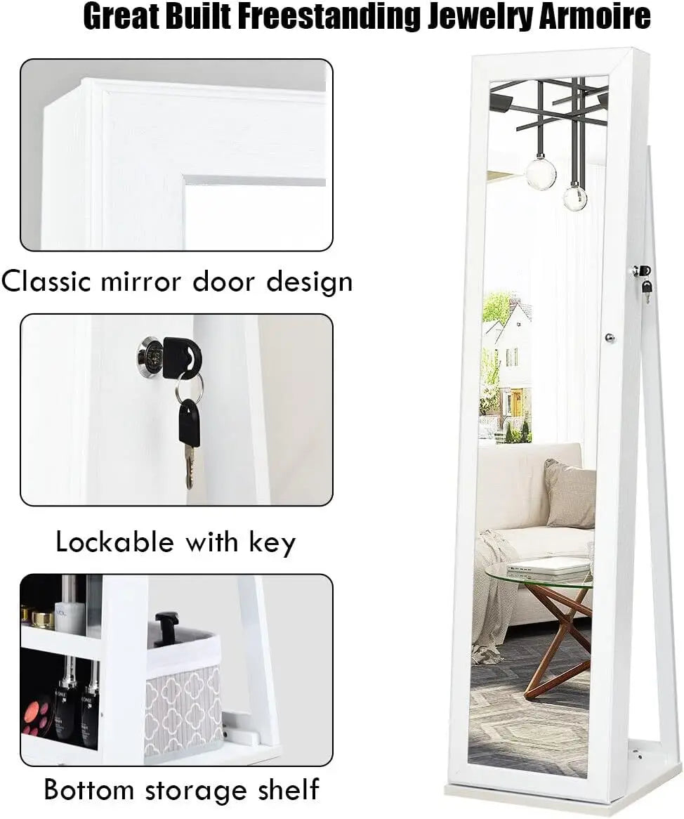 Nutshell full length mirror jewelry cabinet freestanding white armoire with lockable mirrored door and bottom shelf storage