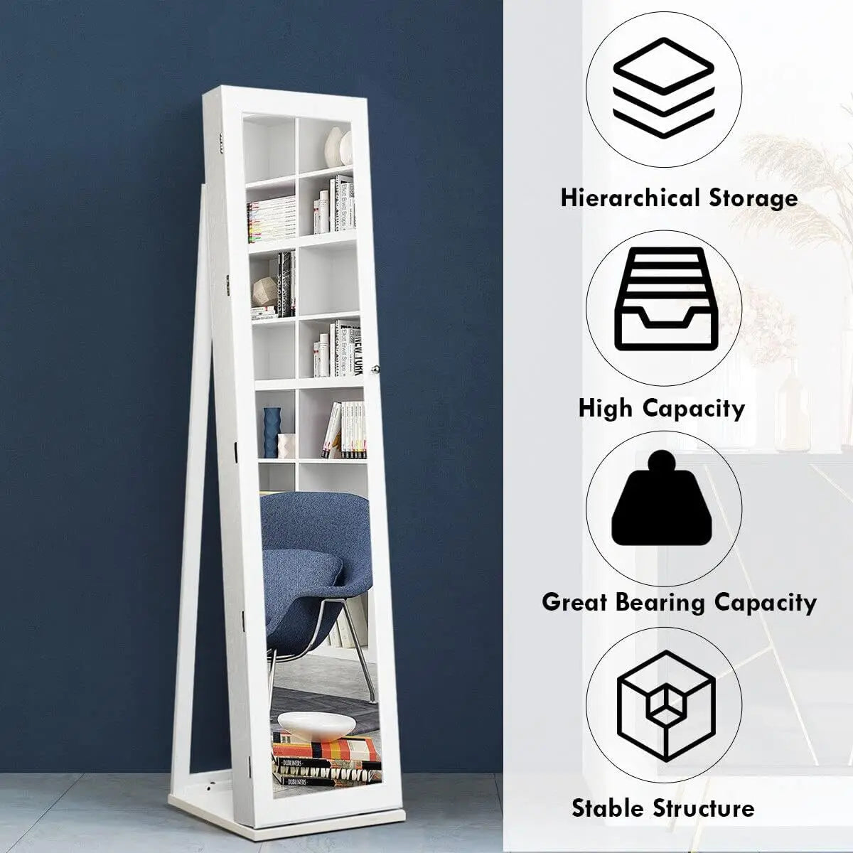 Nutshell full length mirror jewelry cabinet white freestanding mirror with internal shelves and support stand
