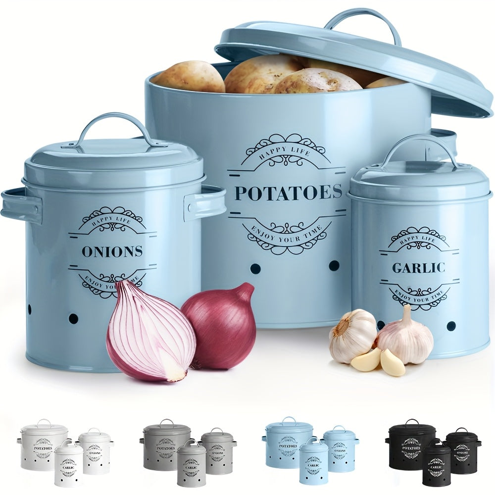 Nutshell Kitchen Organiser Set in Light Blue for homeware food storage solutions with containers for onions, garlic, and potatoes