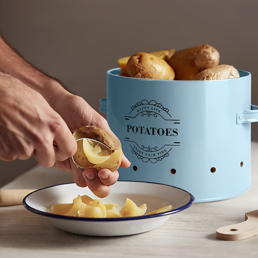 Nutshell Kitchen Organiser in Blue for homeware food storage solutions with potatoes being peeled