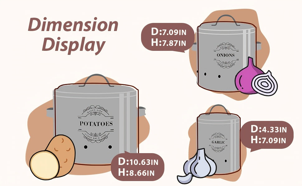 Nutshell Kitchen Organiser with dimension display for homeware food storage solutions including potatoes, onions, and garlic