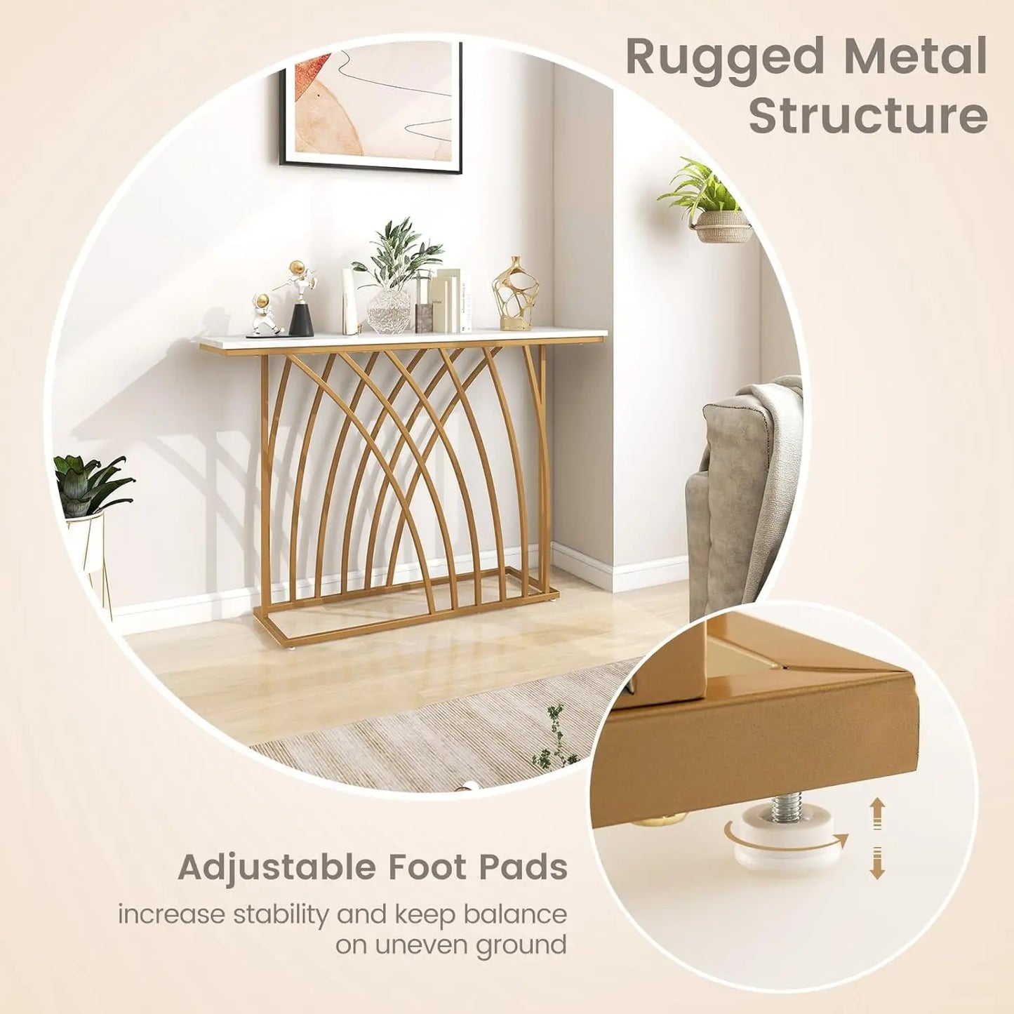 modern gold console table with white marble top and arched gold metal base in living room with adjustable foot pads for stability