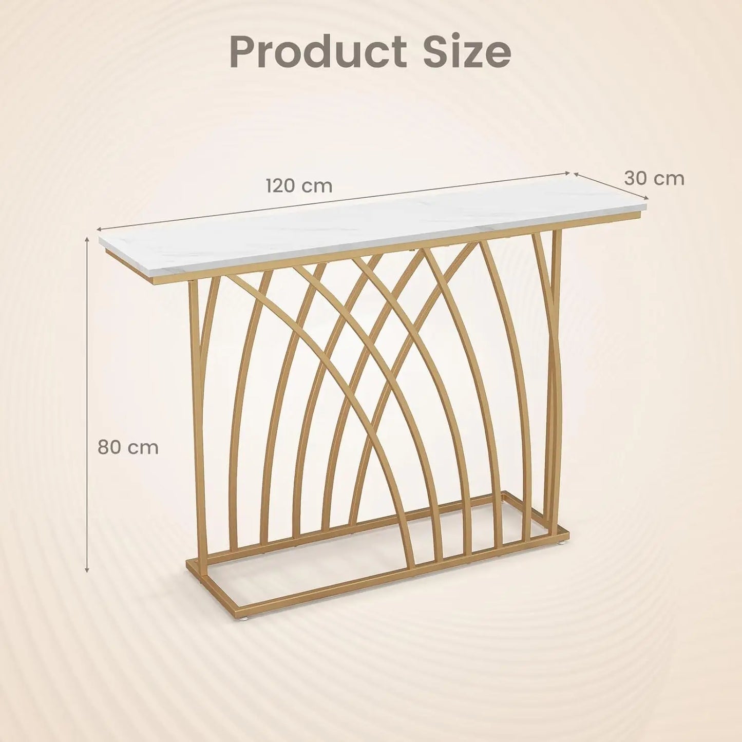 Nutshell modern gold console table with white marble top and arched gold metal base 120 by 30 by 80 cm