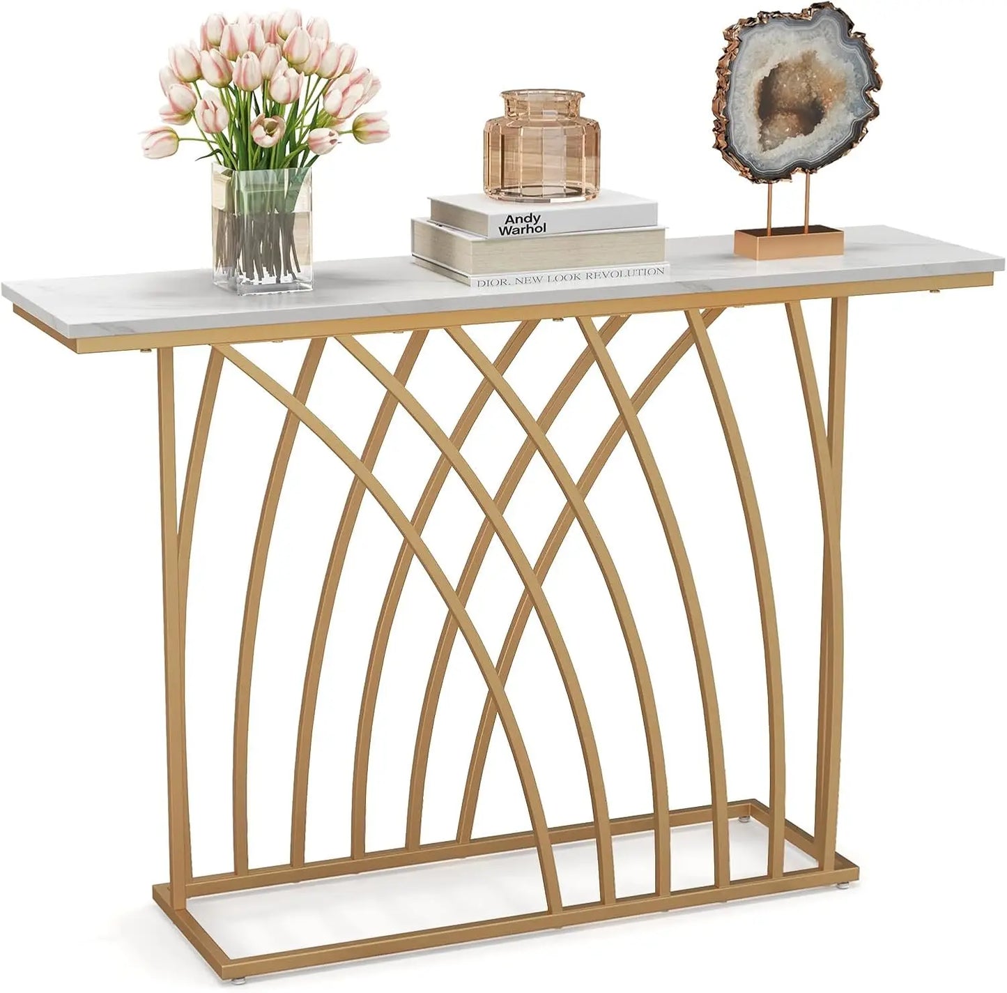 Nutshell modern gold console table with white marble top and arched gold metal base styled with tulips and geode decor