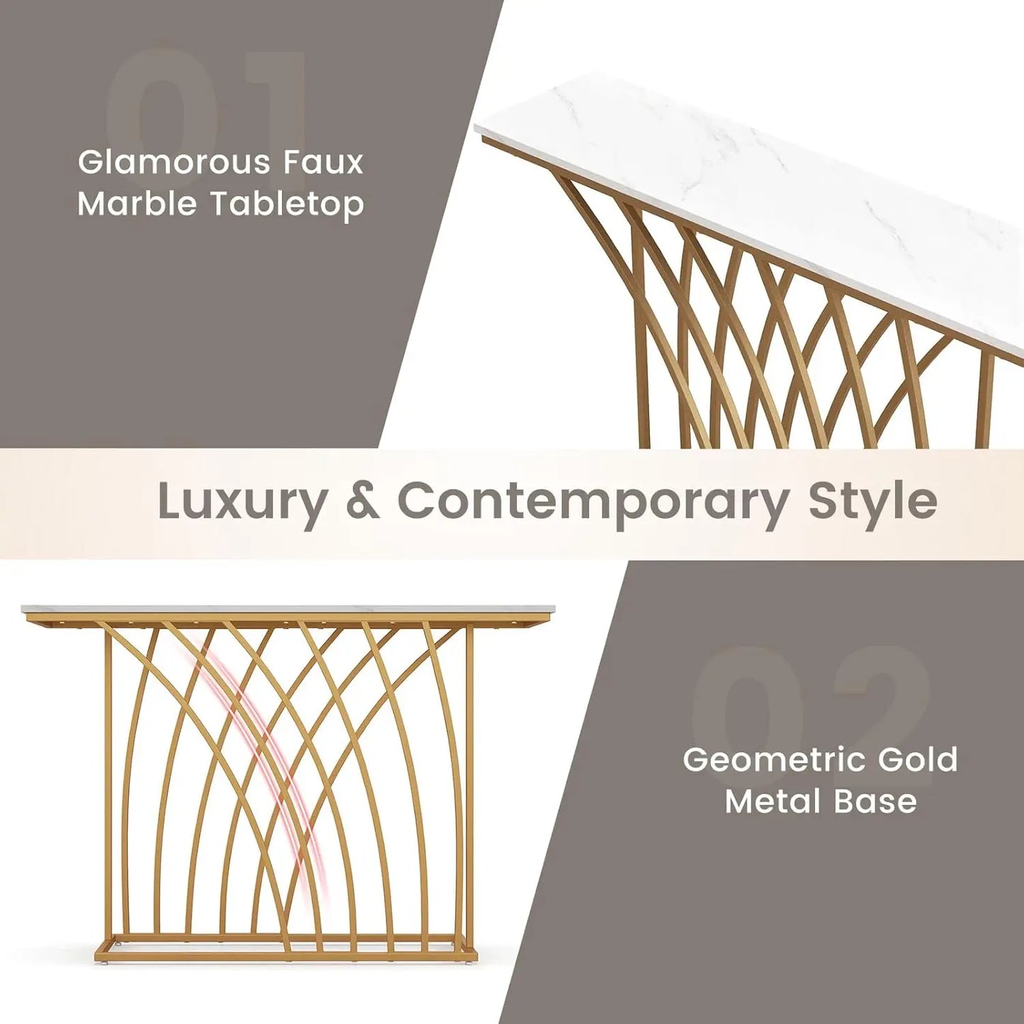 Nutshell modern gold console table with faux white marble tabletop and geometric gold metal base