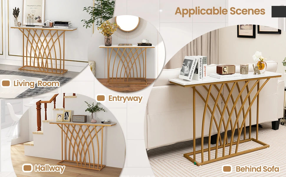 Nutshell modern gold console table with white marble top shown in living room entryway hallway behind sofa