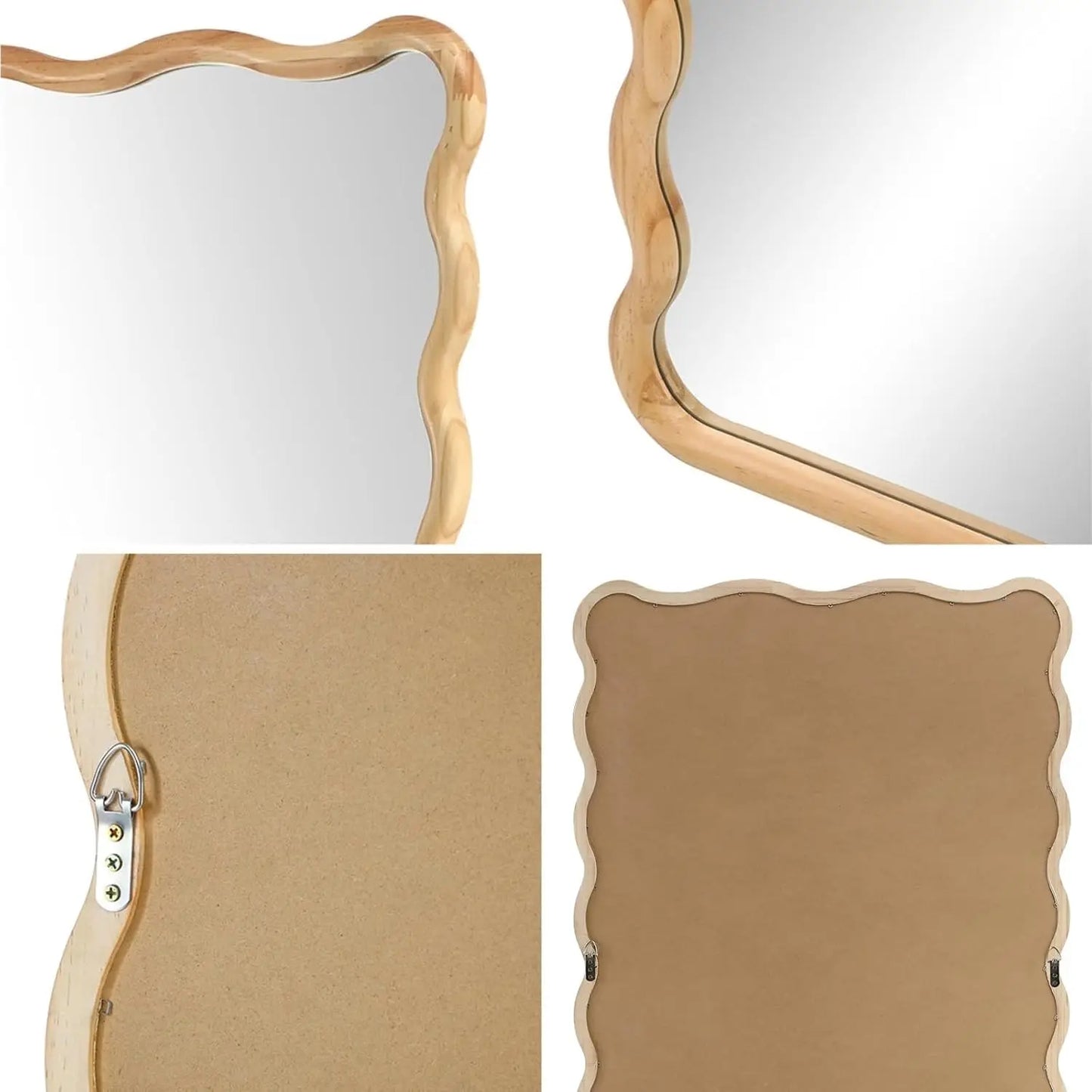 Nutshell rectangular wooden frame mirror with scalloped wavy edge and natural wood finish