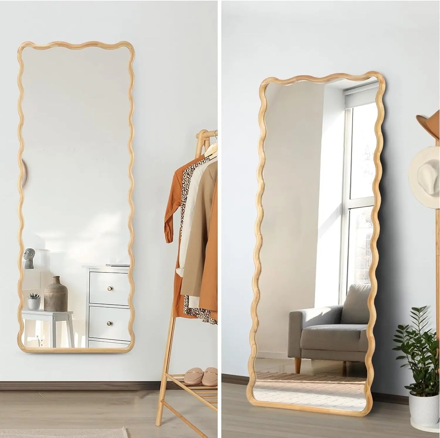 Nutshell rectangular wooden frame mirror full length scalloped edge leaning against wall in bedroom