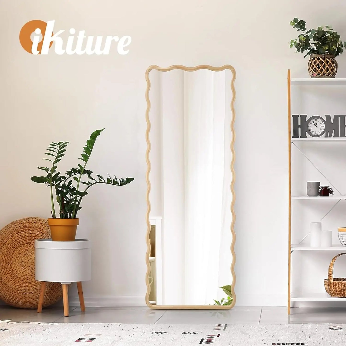 Nutshell rectangular wooden frame mirror with scalloped edges leaning against wall in modern living room