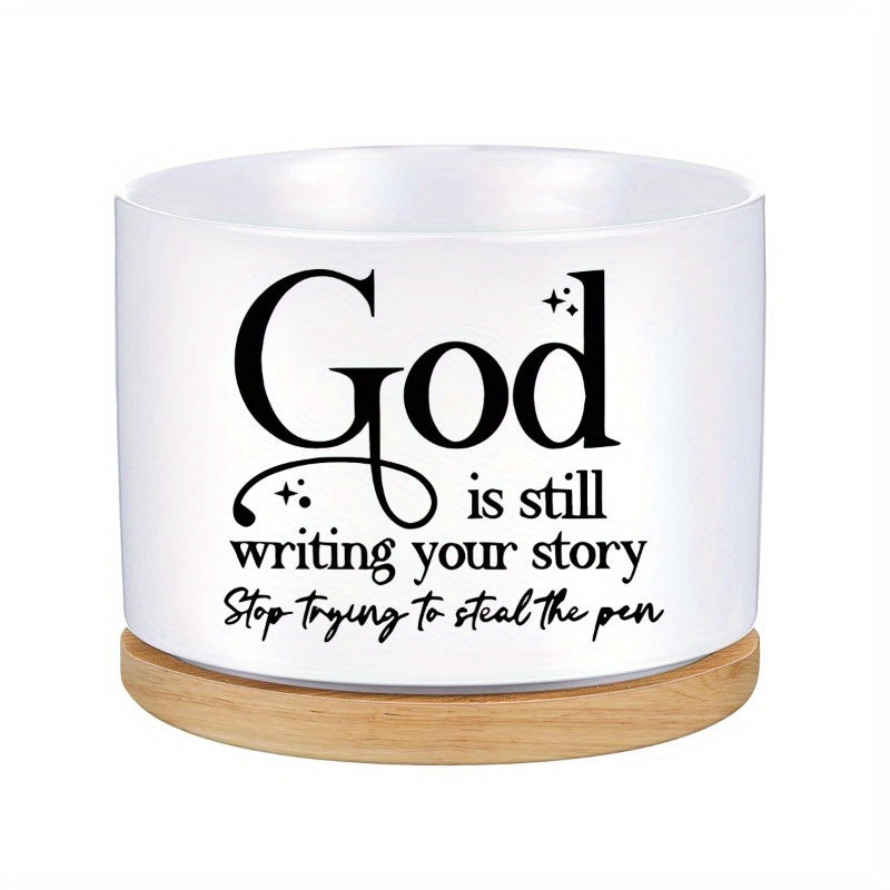 Inspirational succulent planter with a motivational quote on a white ceramic base and wooden stand