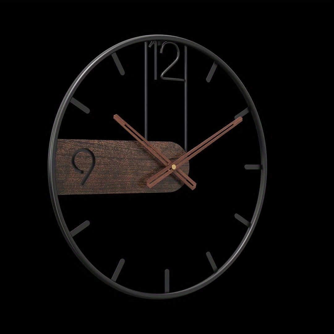 Nutshell iron and wood wall clock featuring a sleek black face and natural wood accents