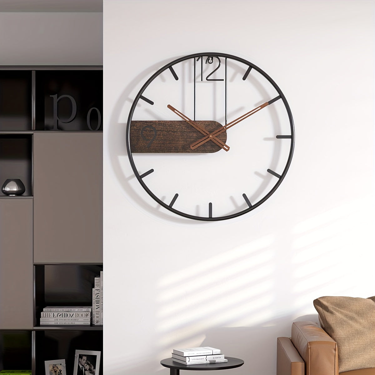 Iron and wood wall clock featuring a modern design with a black frame and wooden accents