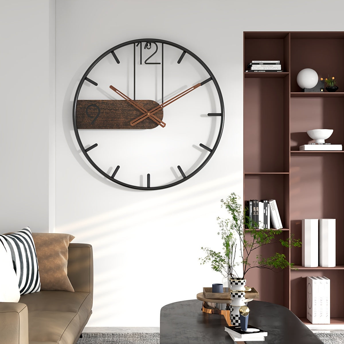 Stylish iron and wood wall clock with modern design, perfect for contemporary home decor