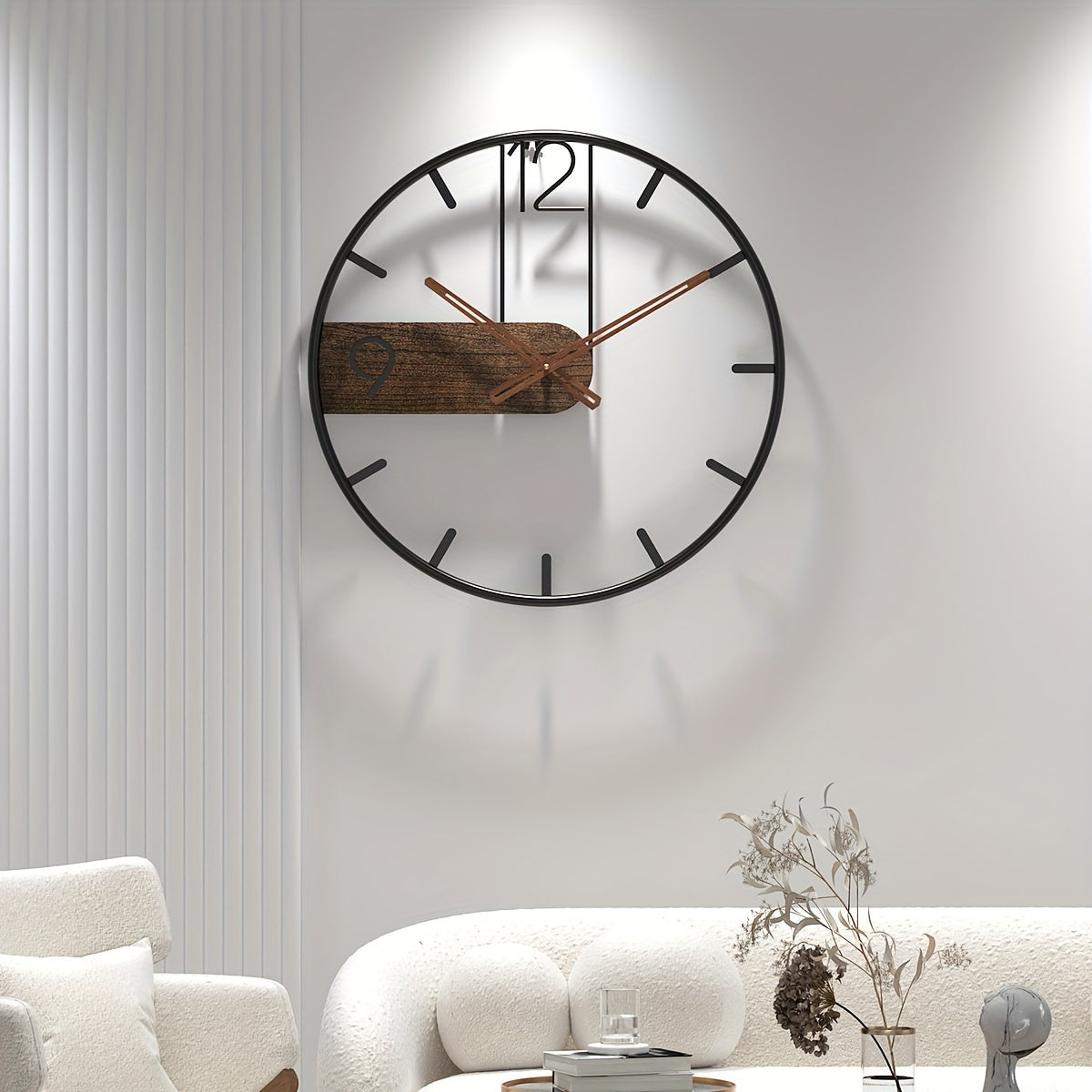 Stylish iron and wood wall clock with minimalist black design and wooden accents for modern decor