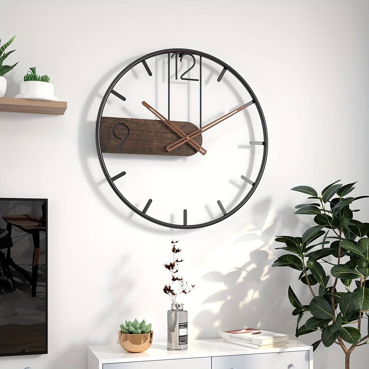 Stylish iron and wood wall clock with minimalist design and large numerals for modern decor
