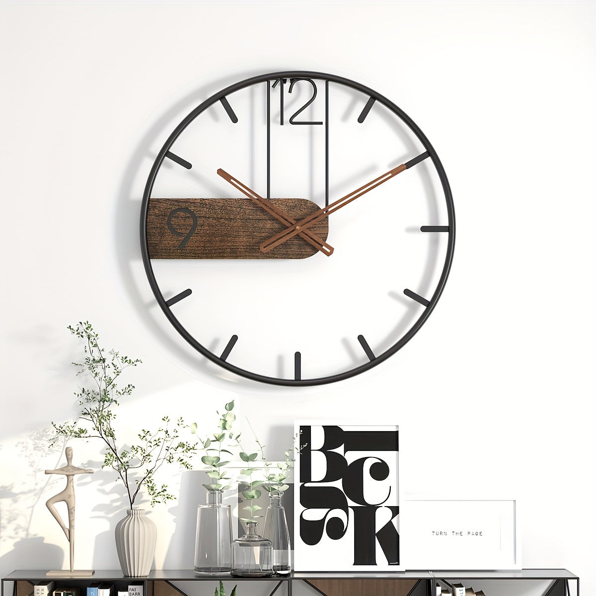 Nutshell iron and wood wall clock with modern design and minimalist style for home decor