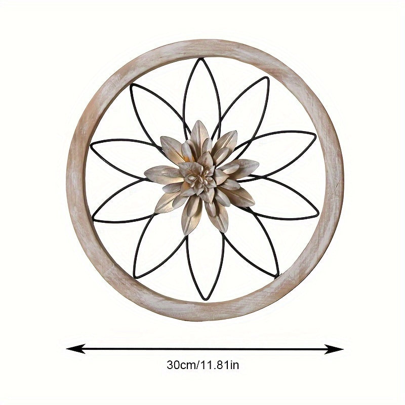 Iron flower wall decor set featuring a circular design with a floral centerpiece and a wooden frame