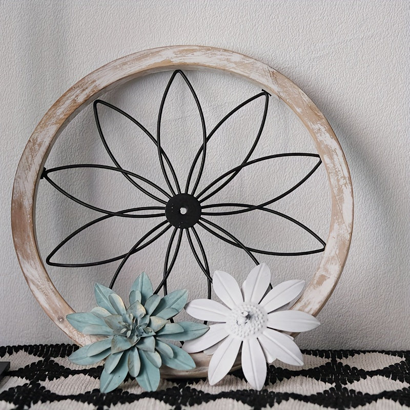 Iron flower wall decor set featuring a circular frame with floral designs and pastel flowers