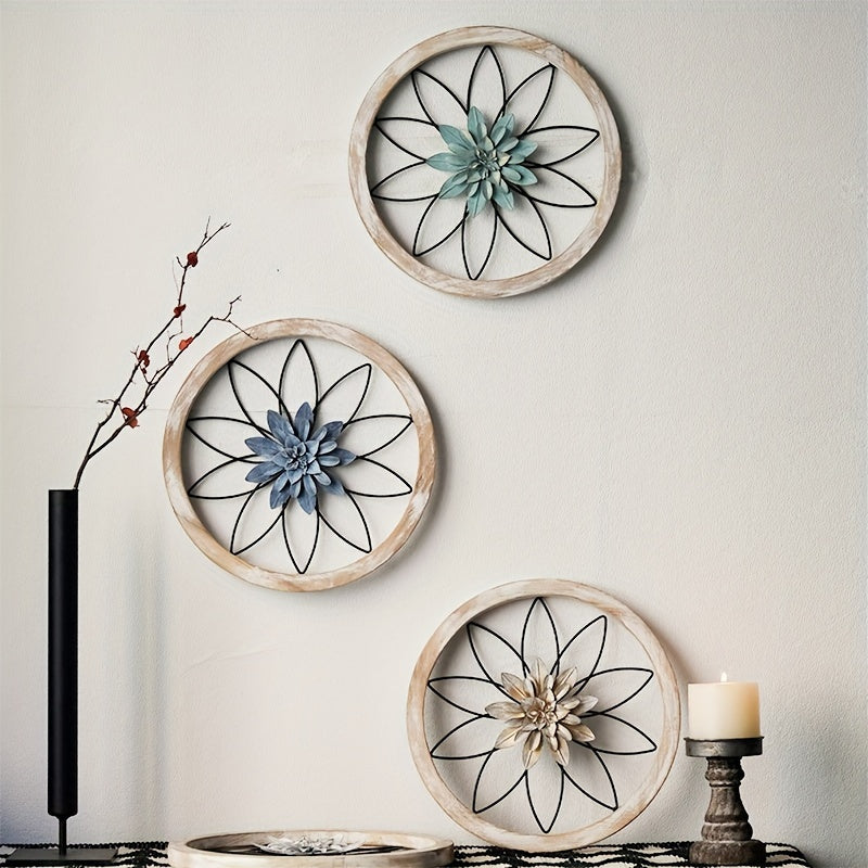 Iron flower wall decor set featuring three floral designs in wooden frames for elegant home decoration