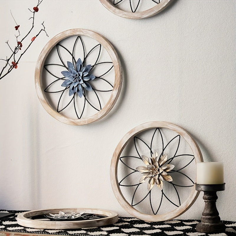 Elegant iron flower wall decor set featuring circular designs with floral patterns in neutral colors