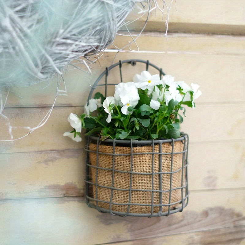 Nutshell iron wire wall basket planter with burlap and blooming white flowers