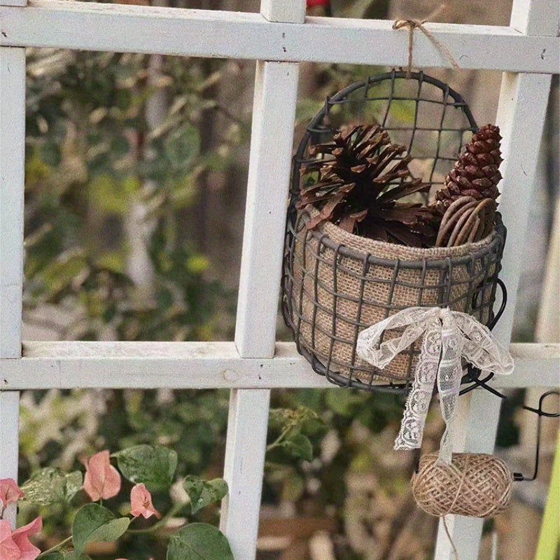 Nutshell iron wire wall basket with natural decor and potted plants for stylish home gardening