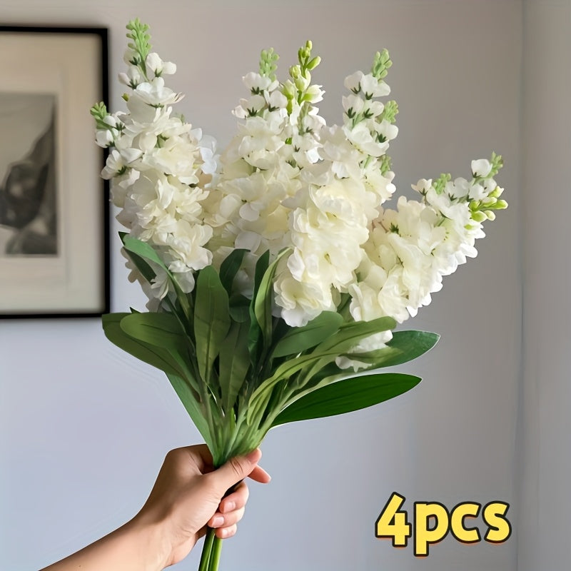 Large outdoor artificial delphinium bouquet featuring four elegant white flower stems