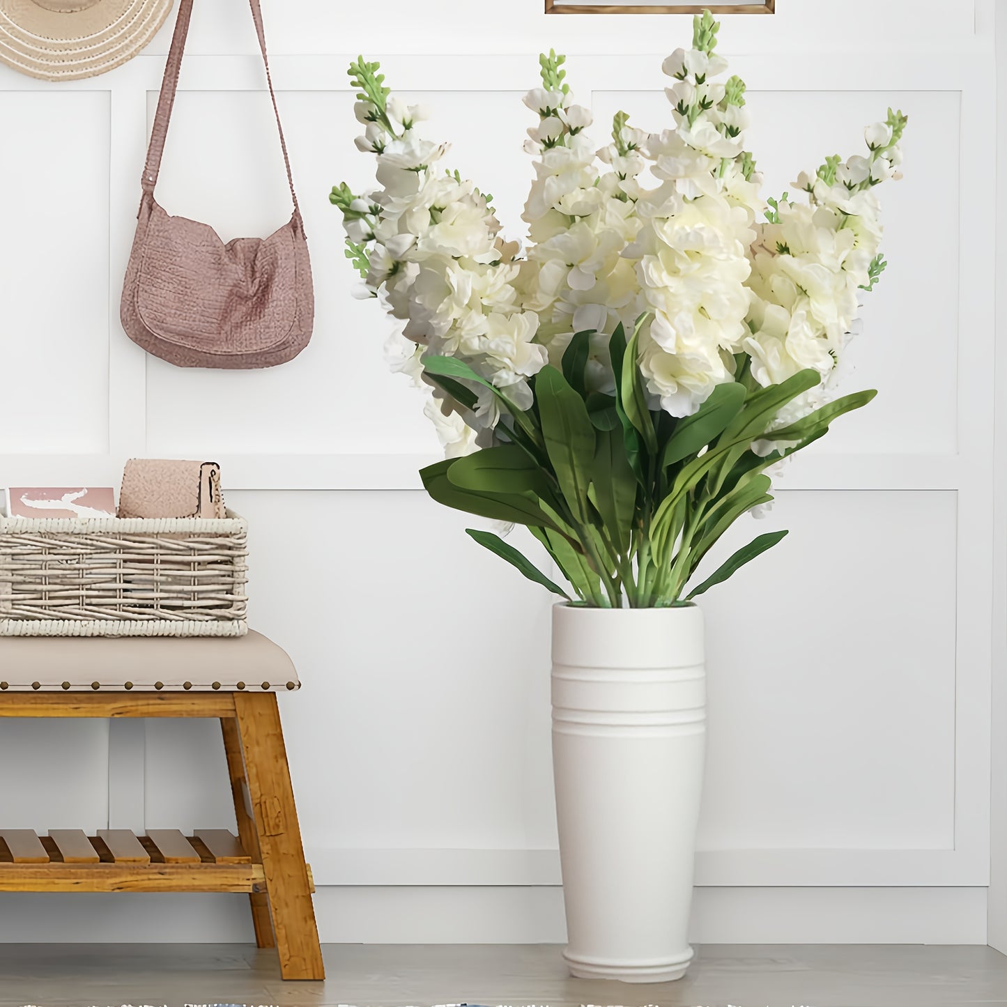 Large outdoor artificial delphinium in a white vase, enhancing home decor with a fresh look