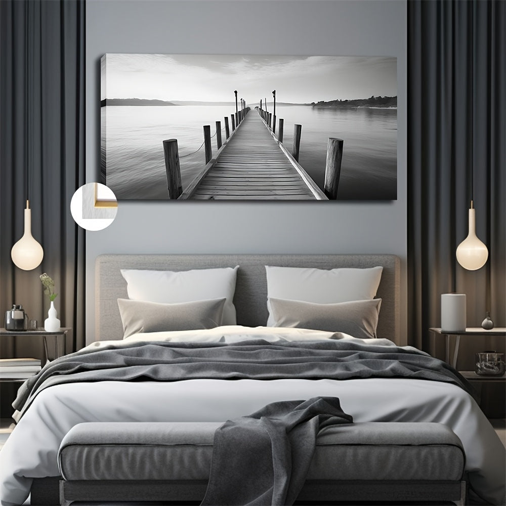 Large vintage bridge canvas art featuring a serene black and white pier scene perfect for home decor