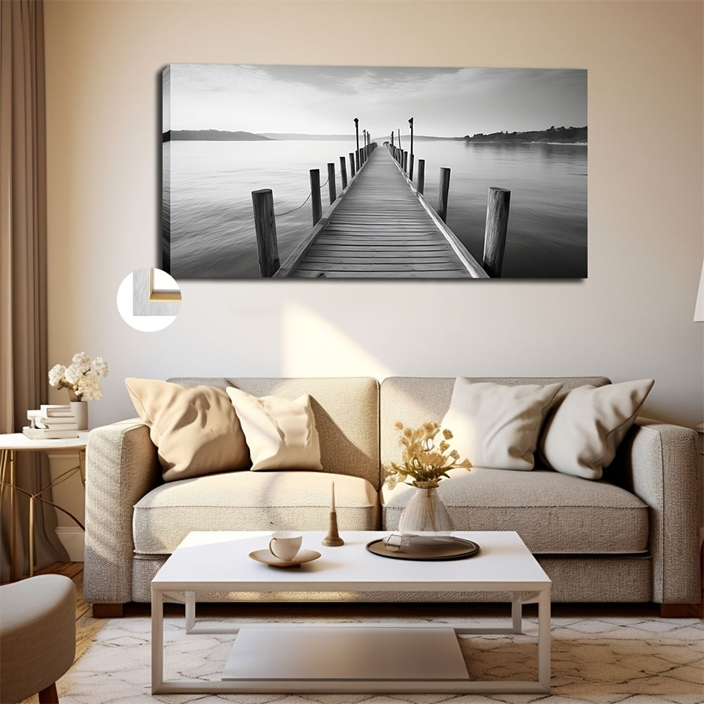 Large vintage bridge canvas art featuring a serene dock view in black and white