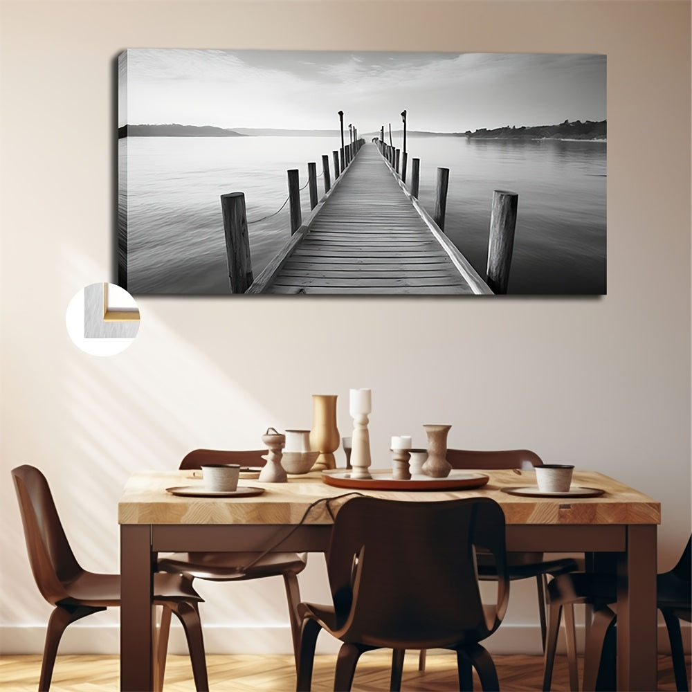 Large vintage bridge canvas art featuring a serene waterfront pier in black and white
