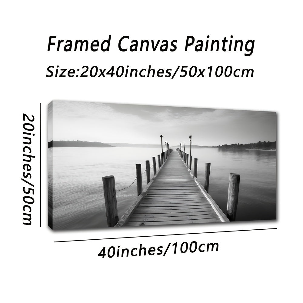Large vintage bridge canvas art featuring a serene black and white landscape with a wooden dock