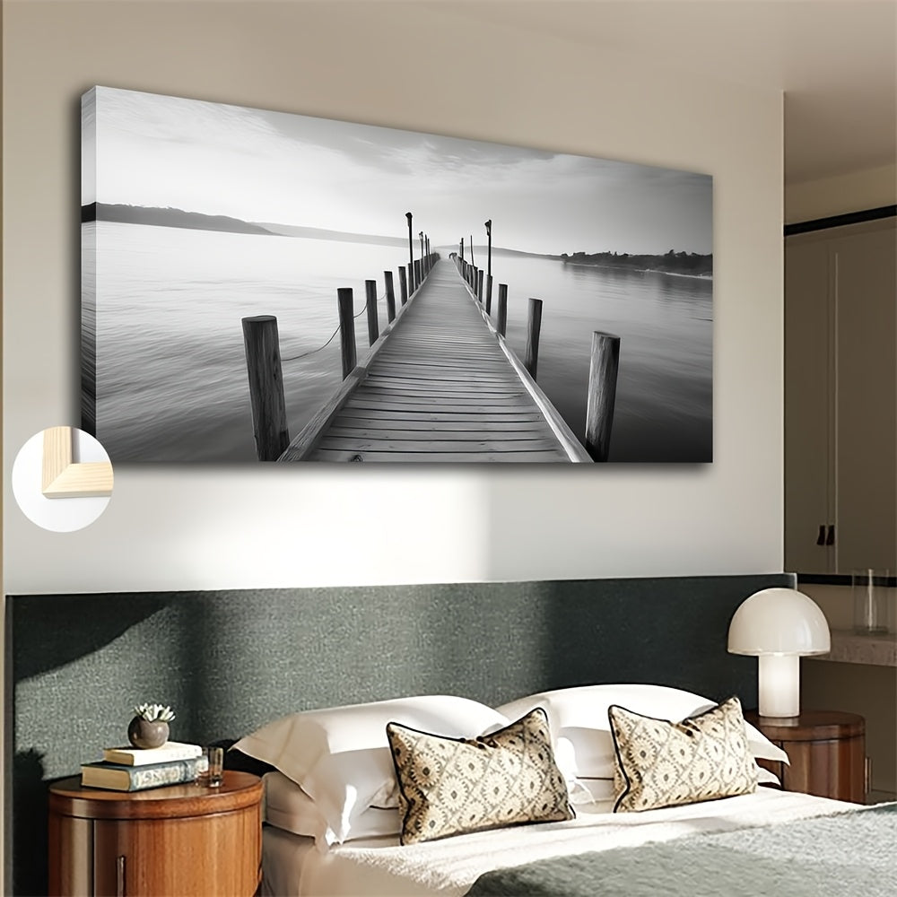 Large vintage bridge canvas art depicting a serene waterfront scene in black and white