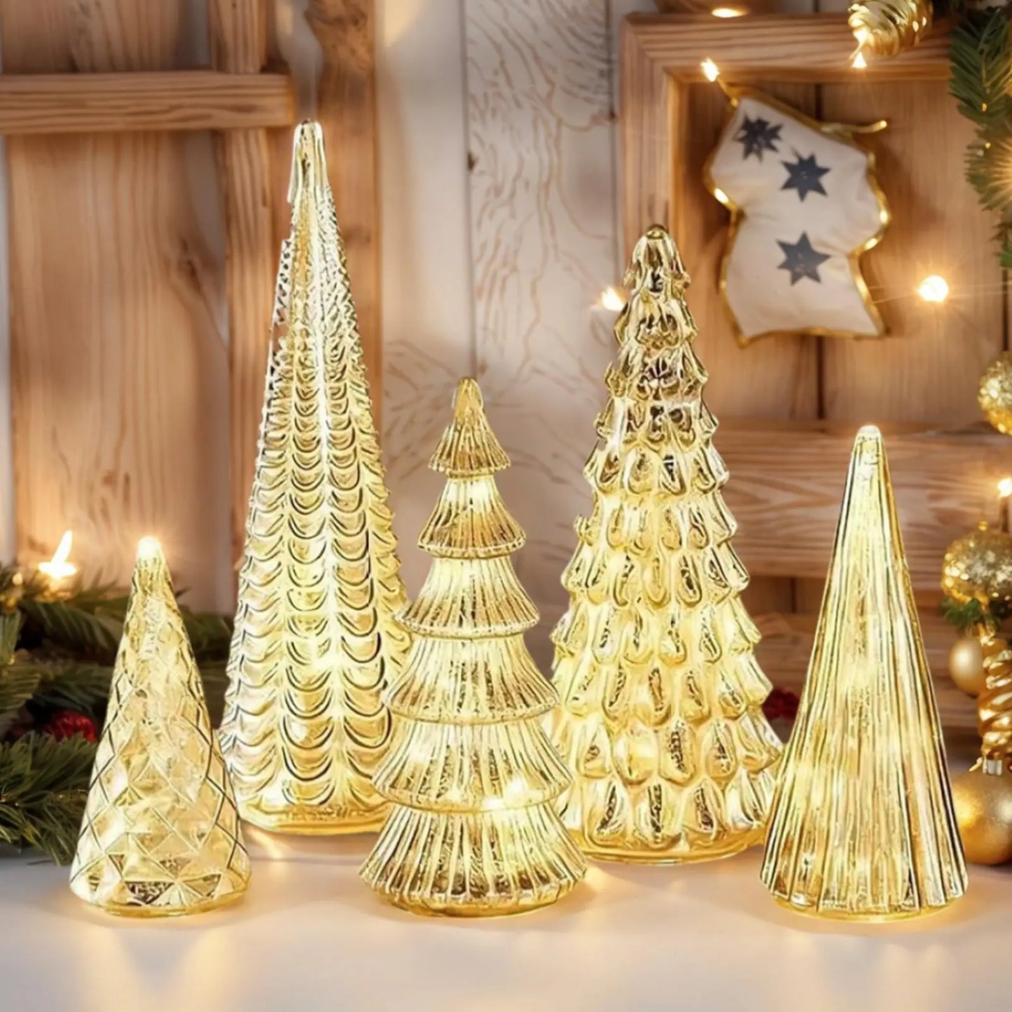 Nutshell LED glass Christmas tree decor set with five elegant golden trees, perfect for holiday decoration