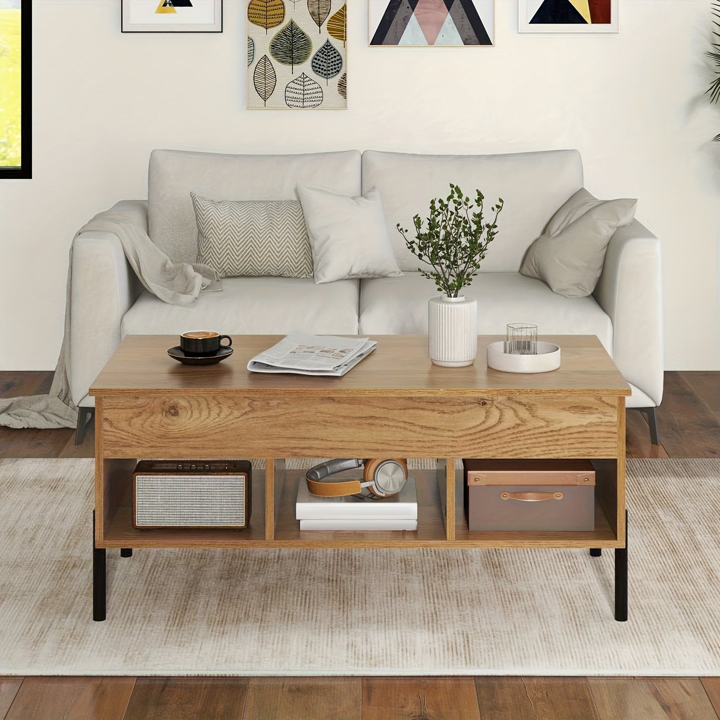Nutshell lift-top coffee table with storage, featuring a warm wood finish and spacious compartments