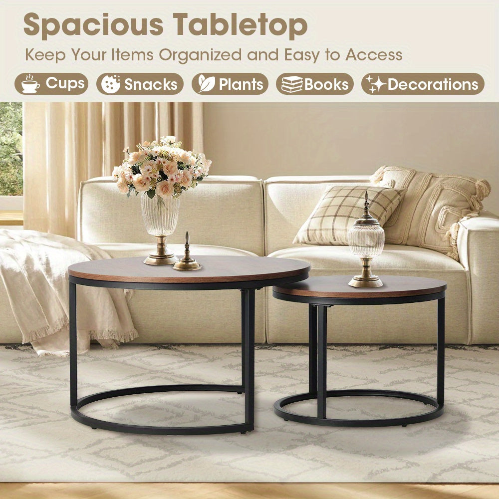Nutshell 2pcs Round Nesting Coffee Table Set with spacious tabletops and black metal frames in living room