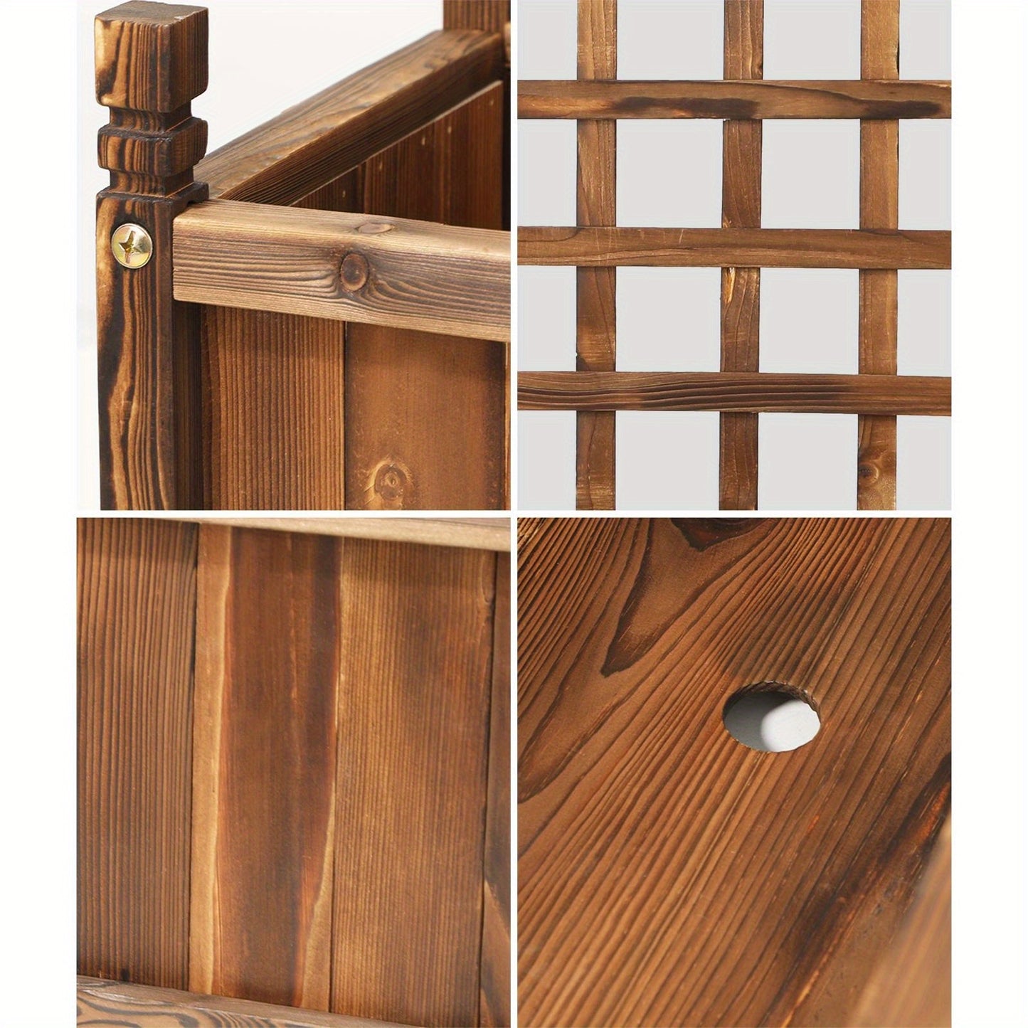 Close-up details of the Raised Wooden Garden Bed by Nutshell showcasing durable wood construction and drainage hole