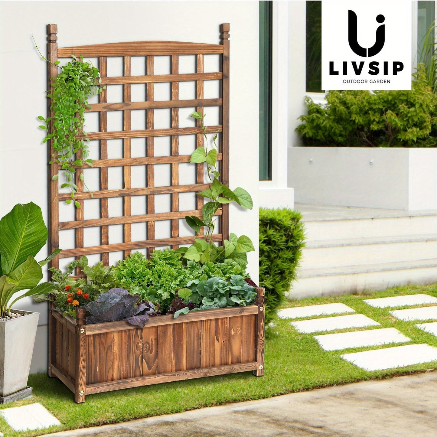 Nutshell Raised Wooden Garden Bed with Trellis, Perfect for Growing Vegetables and Herbs Outdoors