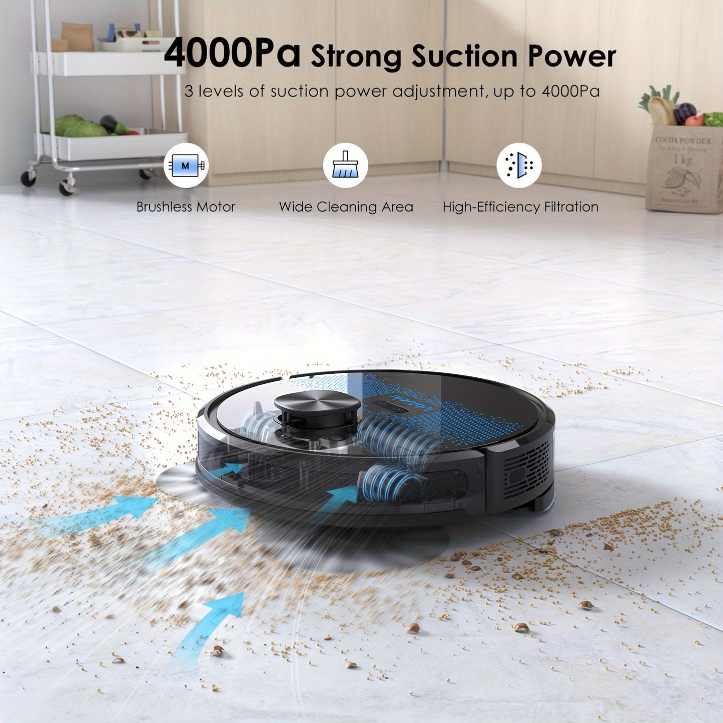 Nutshell robot vacuum and mop combo with 4000Pa strong suction power cleaning dirt on tiled floor