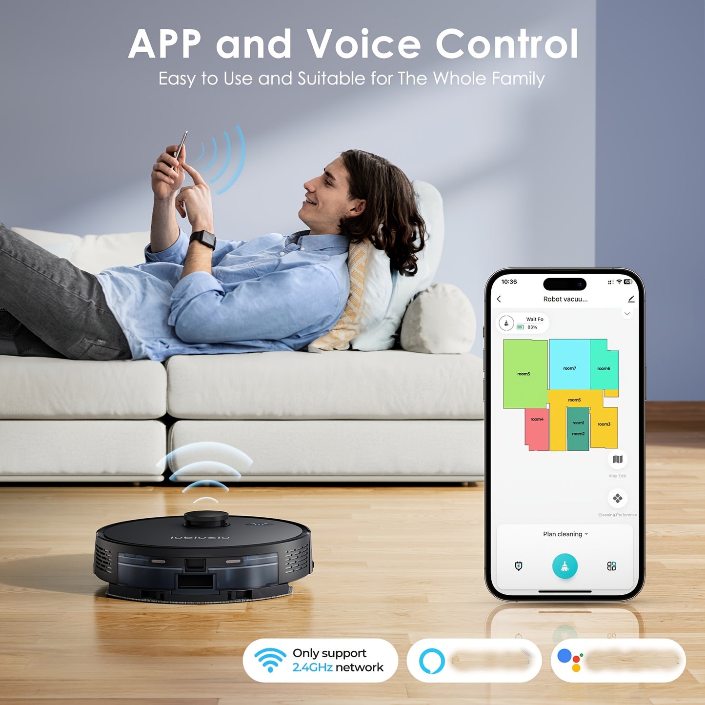 Nutshell robot vacuum and mop combo with app and voice control showing floor plan on smartphone