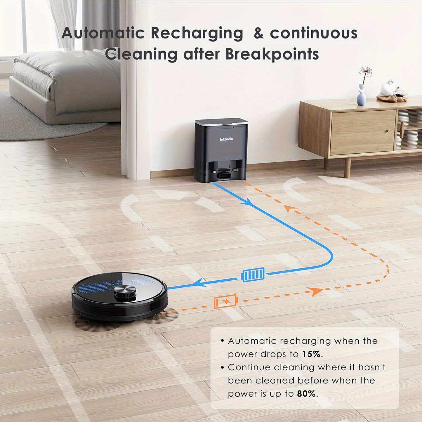 Nutshell robot vacuum and mop combo with automatic recharging and continuous cleaning after breakpoints on hardwood floor
