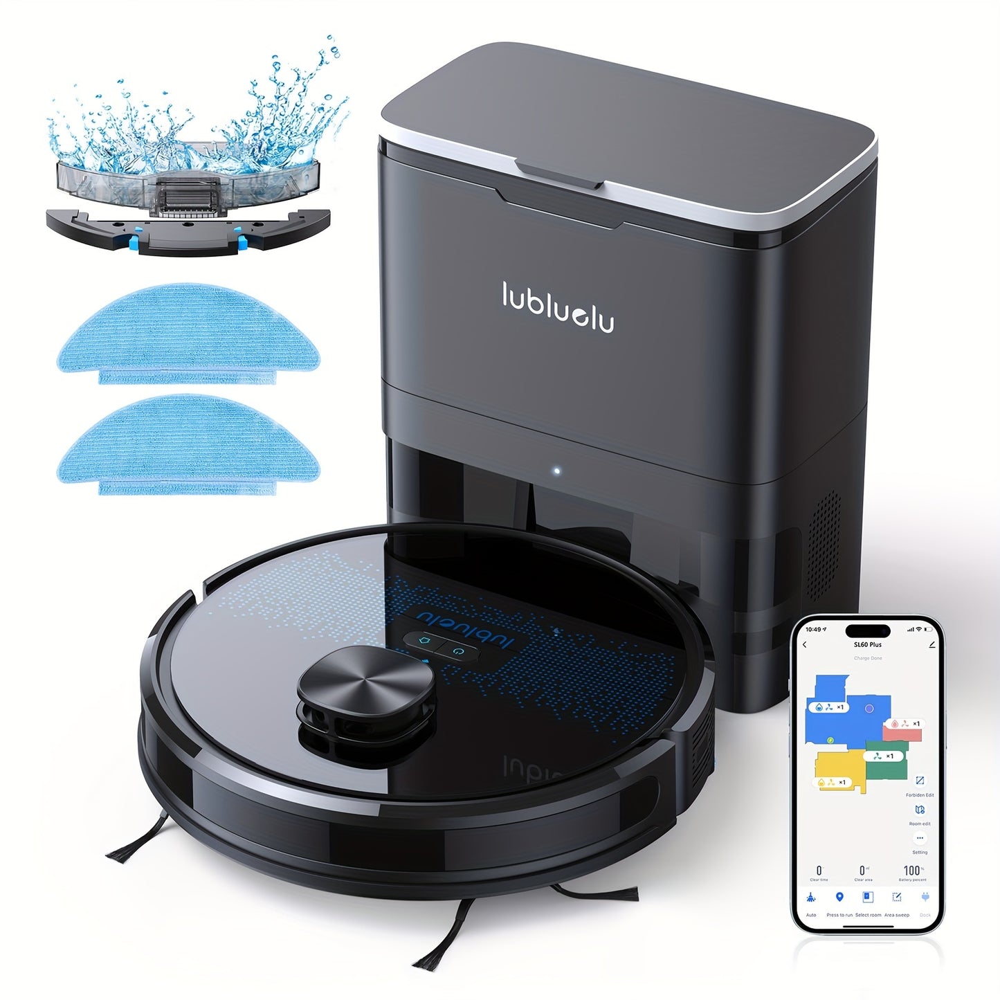 Nutshell robot vacuum and mop combo with charging dock, washable mop pads, and smartphone app control