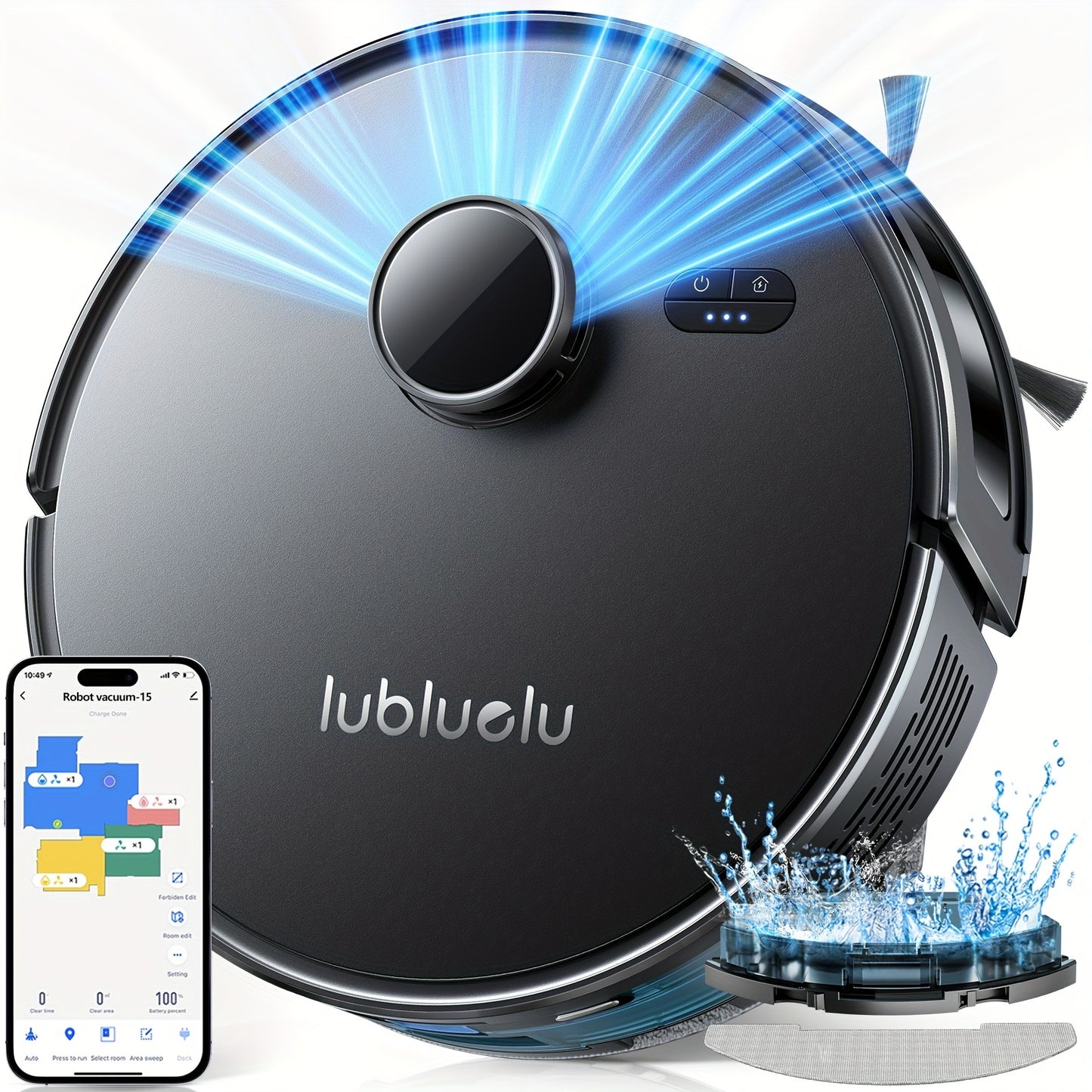 Nutshell robot vacuum and mop combo in black with water spray and smartphone app control