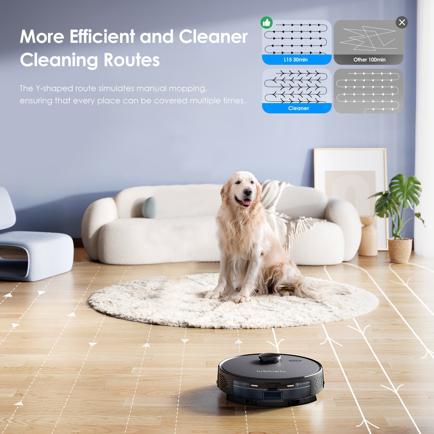 Nutshell robot vacuum and mop combo cleaning hardwood floor with a dog sitting on rug in living room