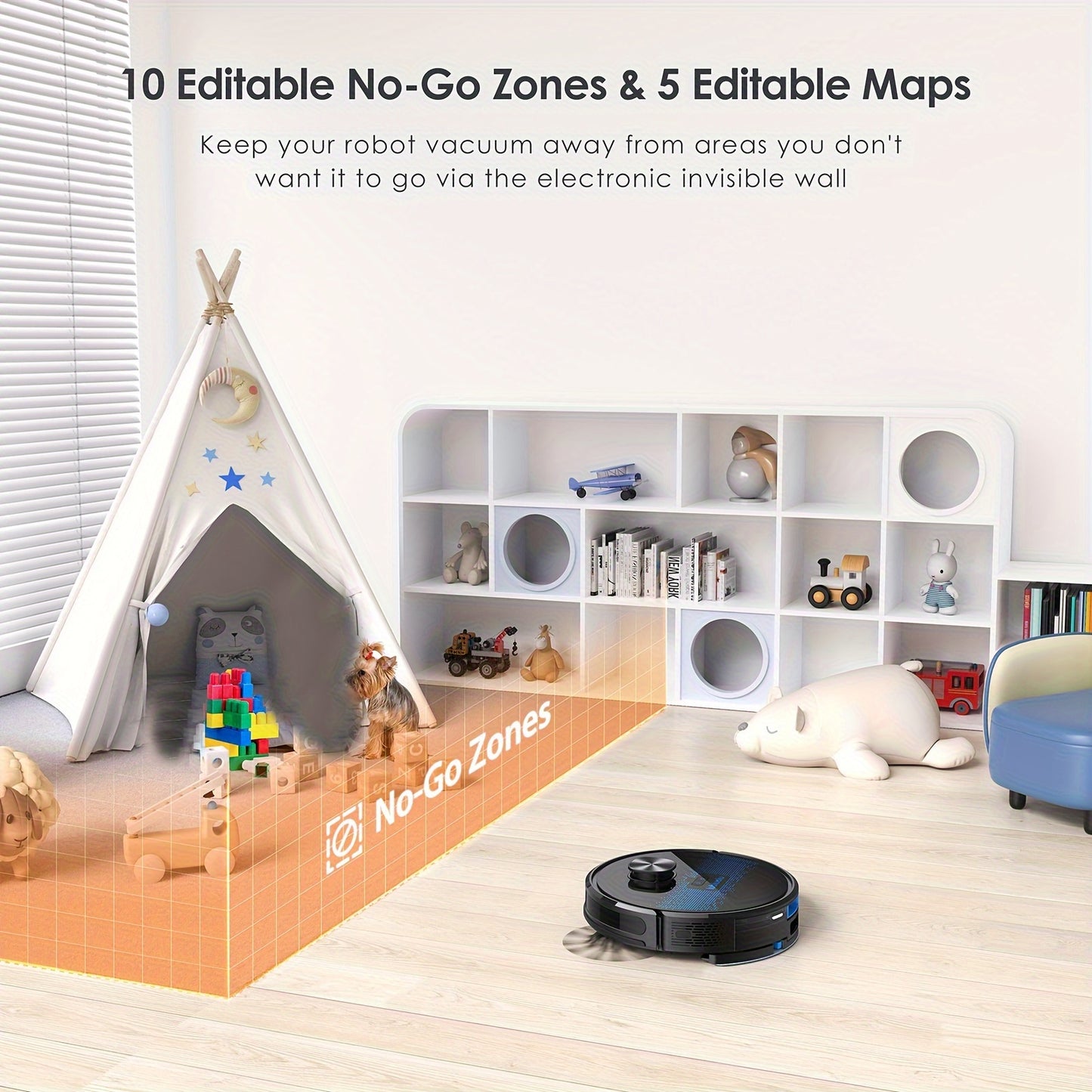 Nutshell robot vacuum and mop combo creating electronic no-go zones in a modern living room