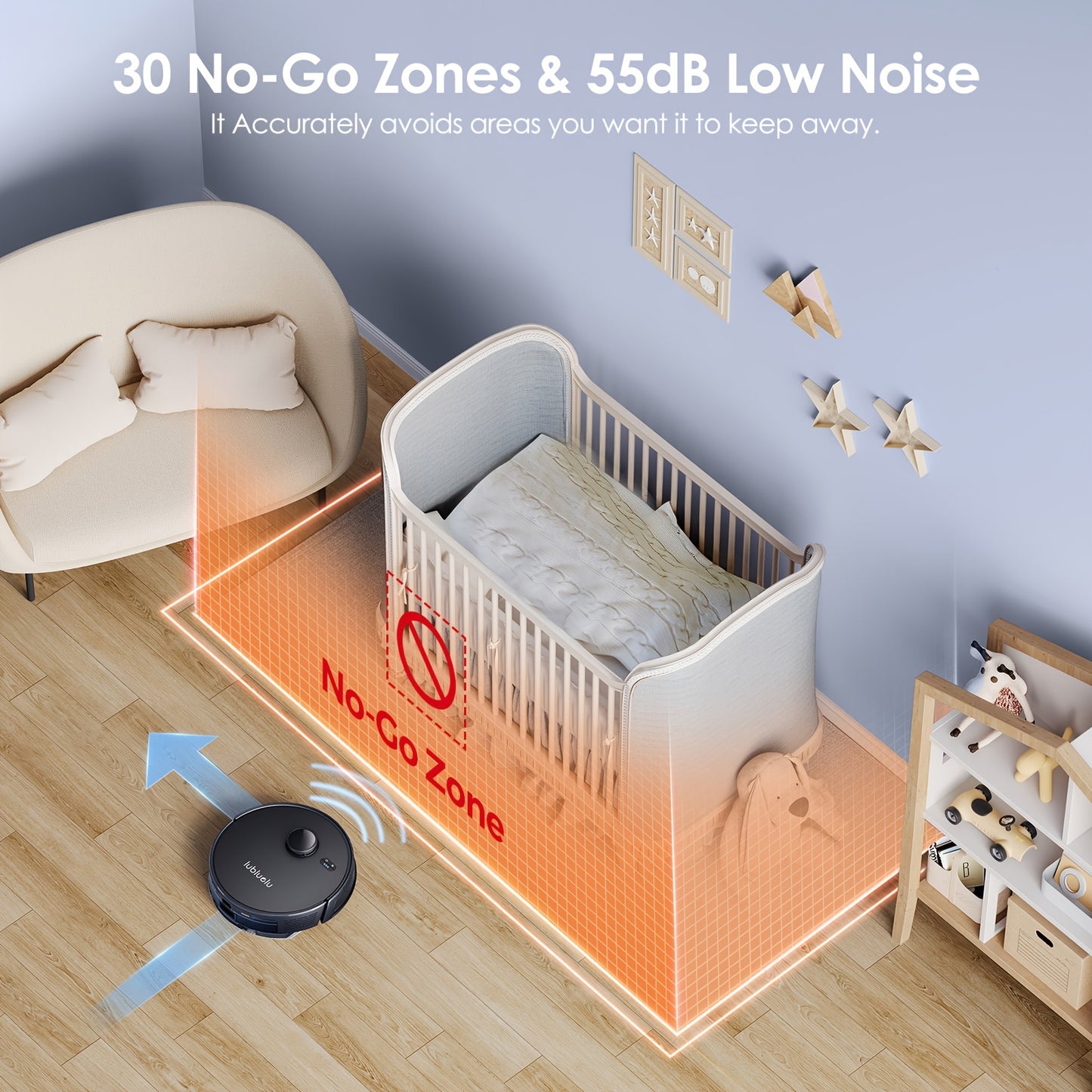 Nutshell robot vacuum and mop combo avoiding no-go zone around baby crib with low noise feature